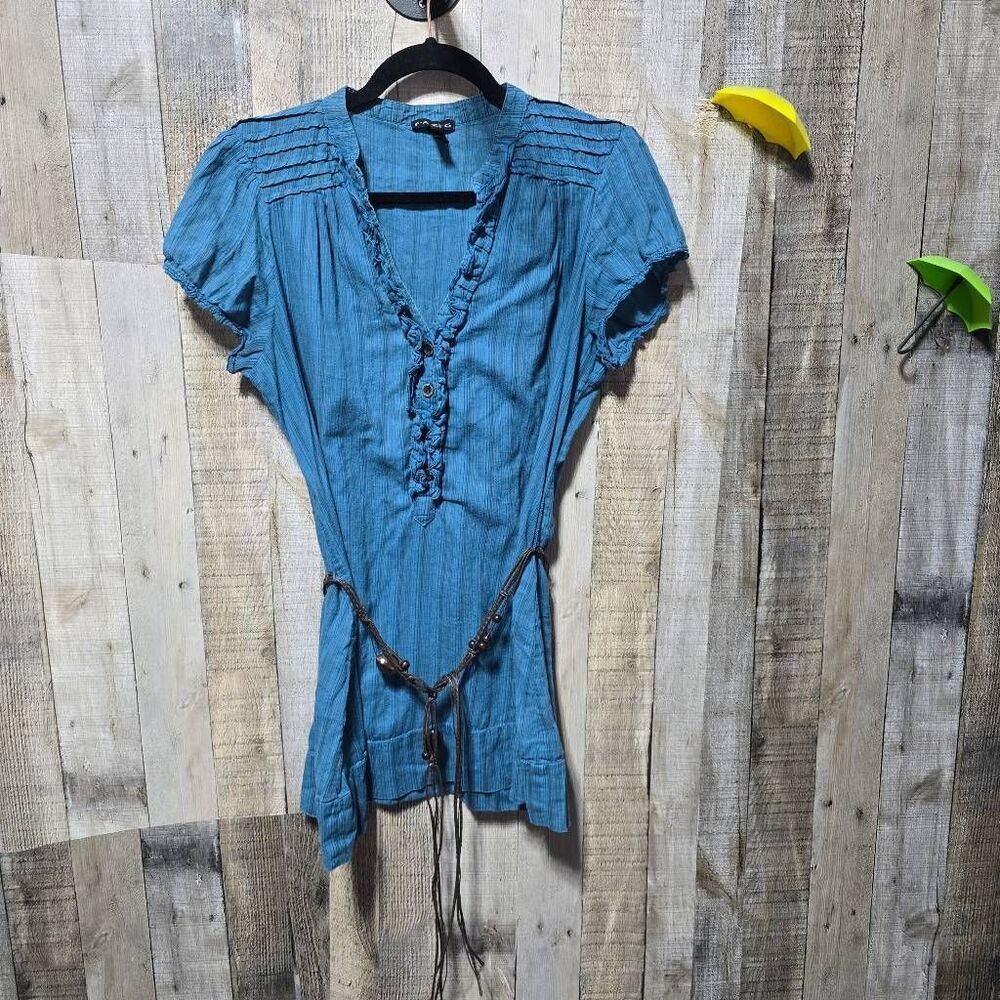 Fang Vintage Y2K Blue Ruffle Tunic Xl Retro Girly Vtg Preppy Boho Festival